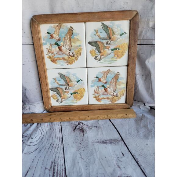 Vintage MCM Mallard Duck Flying on Pond Rustic Cabin Wall Art Tile Trivet 10x10 - Picture 5 of 13
